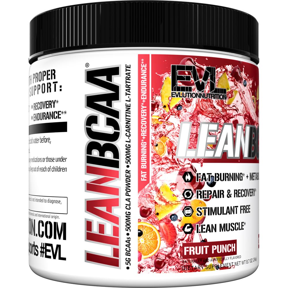 Evlution Stimulant Free Lean BCAA powder with glass, showcasing fruit punch flavor.