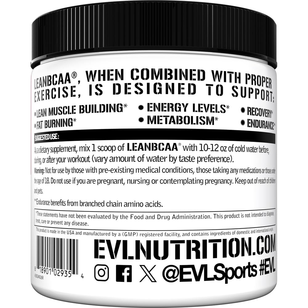Evlution Stimulant Free Lean BCAA label closeup highlighting CLA and L-carnitine ingredients.