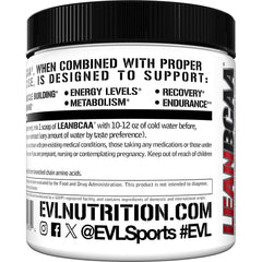 Evlution Stimulant Free Lean BCAA scoop beside packaging for convenient, multi-ingredient support.