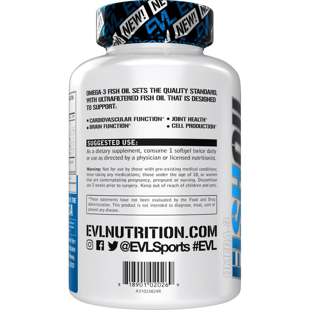 Evlution Nutrition Omega-3 bottle shown with enteric coating for digestion comfort.