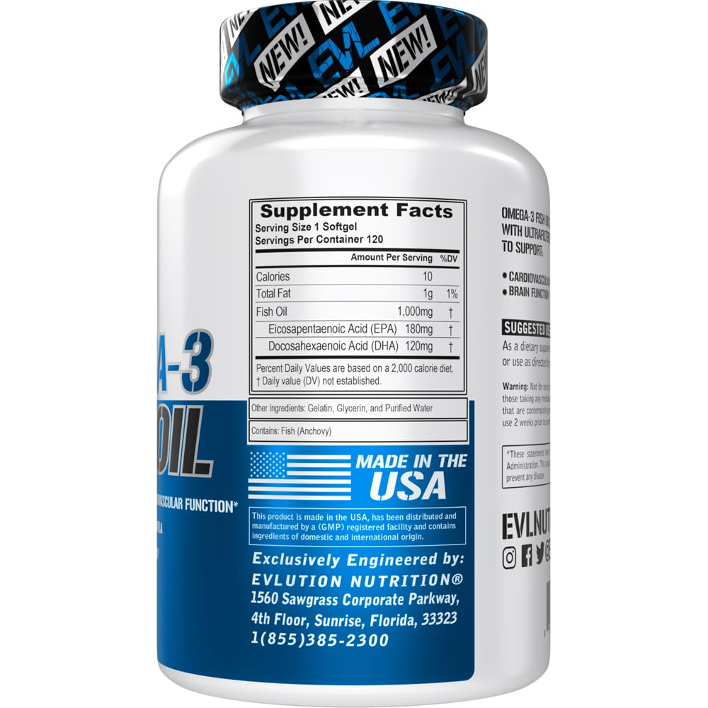 Evlution Nutrition Omega-3 softgels poured from bottle designed for daily brain and joint support.