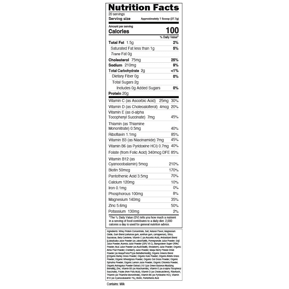EVL VitaWhey nutrition label close-up signals vitamins and minerals per serving.