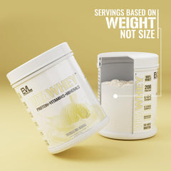 EVL VitaWhey scoop in a shaker emphasizes fast-absorbing formula.