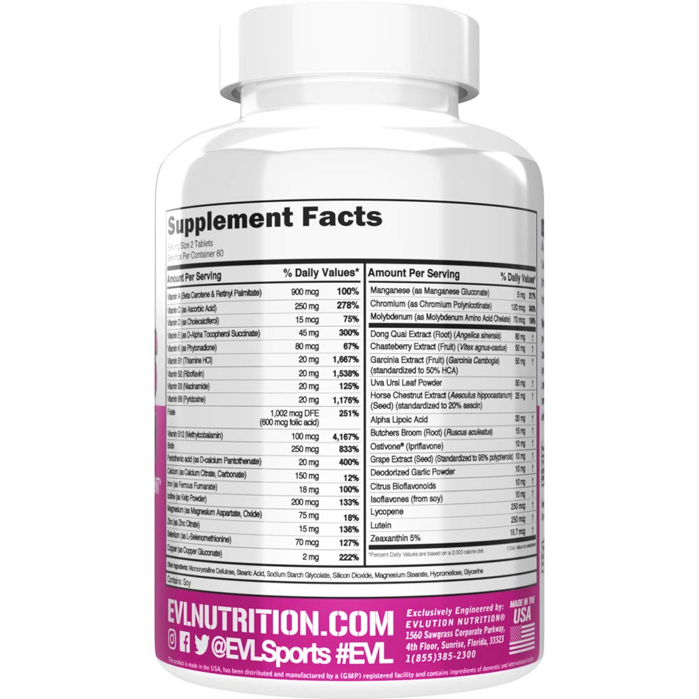 Evlution Women's Multivitamin bottle beside gym gear implying daily energy and focus.