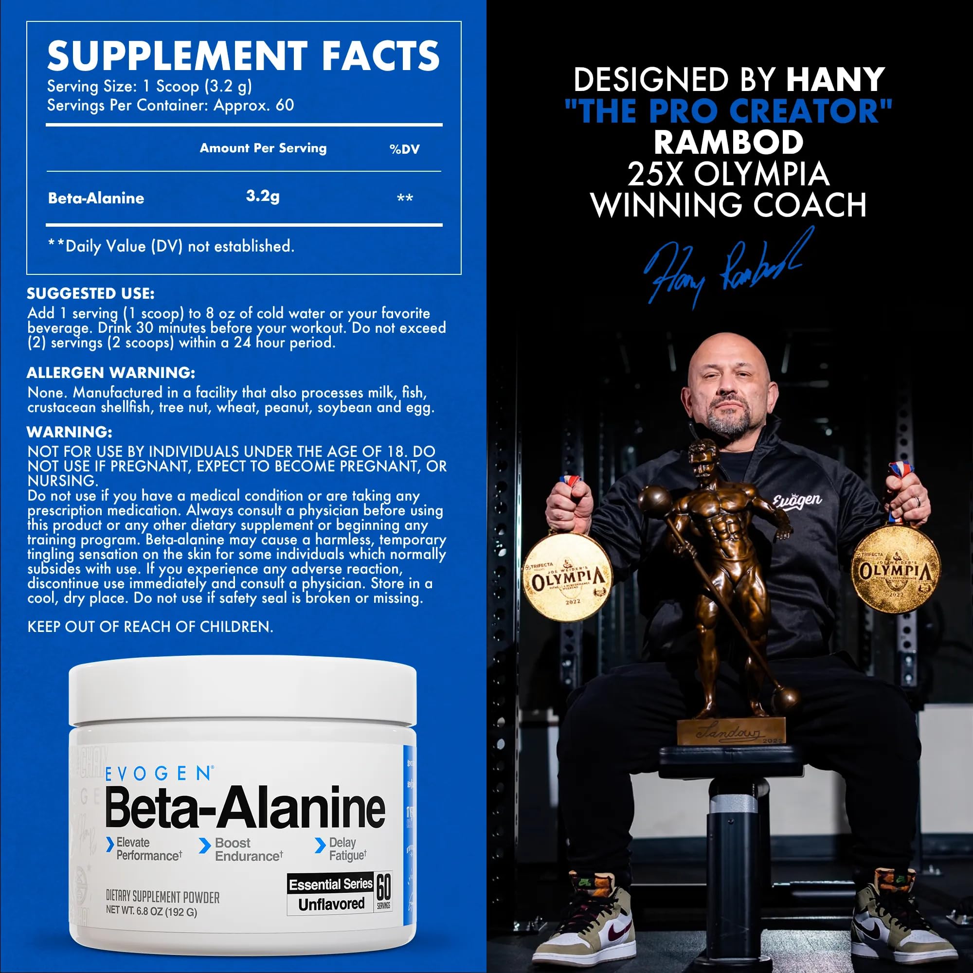 Evogen Beta-Alanine label closeup with key ingredients