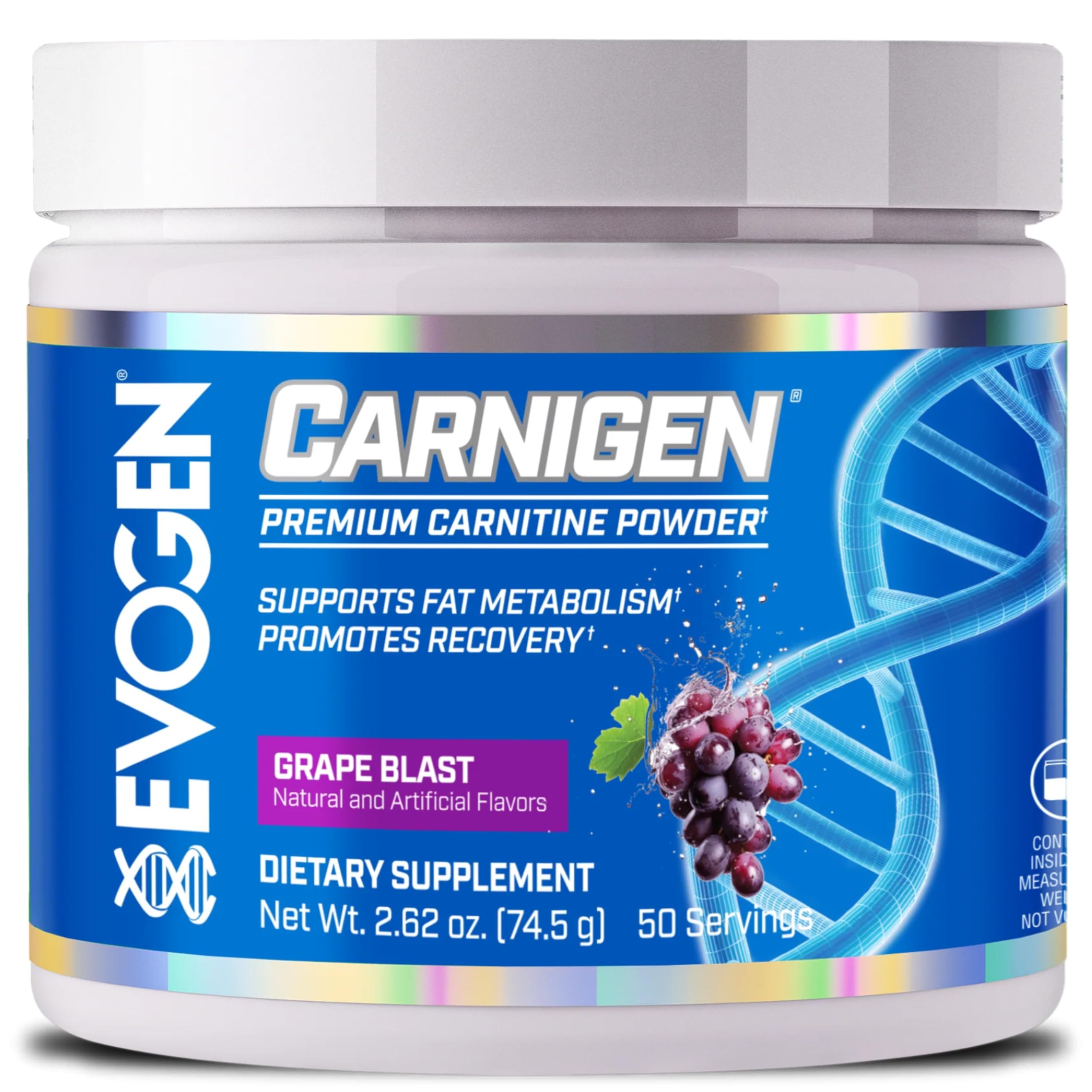 Evogen Carnigen powder bottle close-up highlighting premium fat metabolism support.