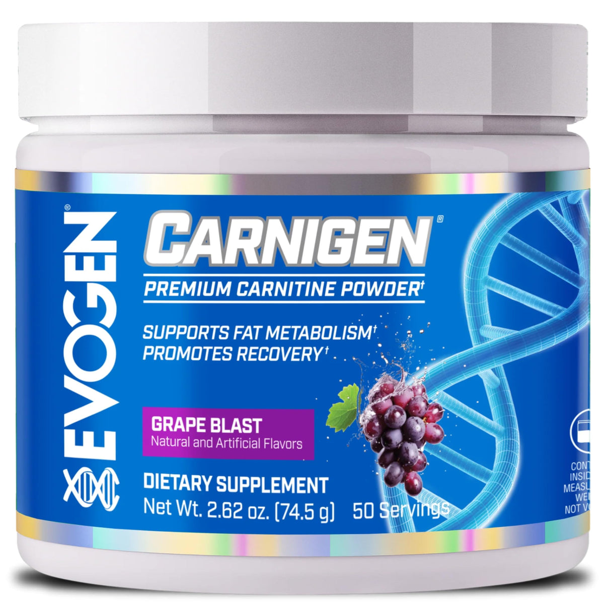 Evogen Carnigen powder bottle close-up highlighting premium fat metabolism support.