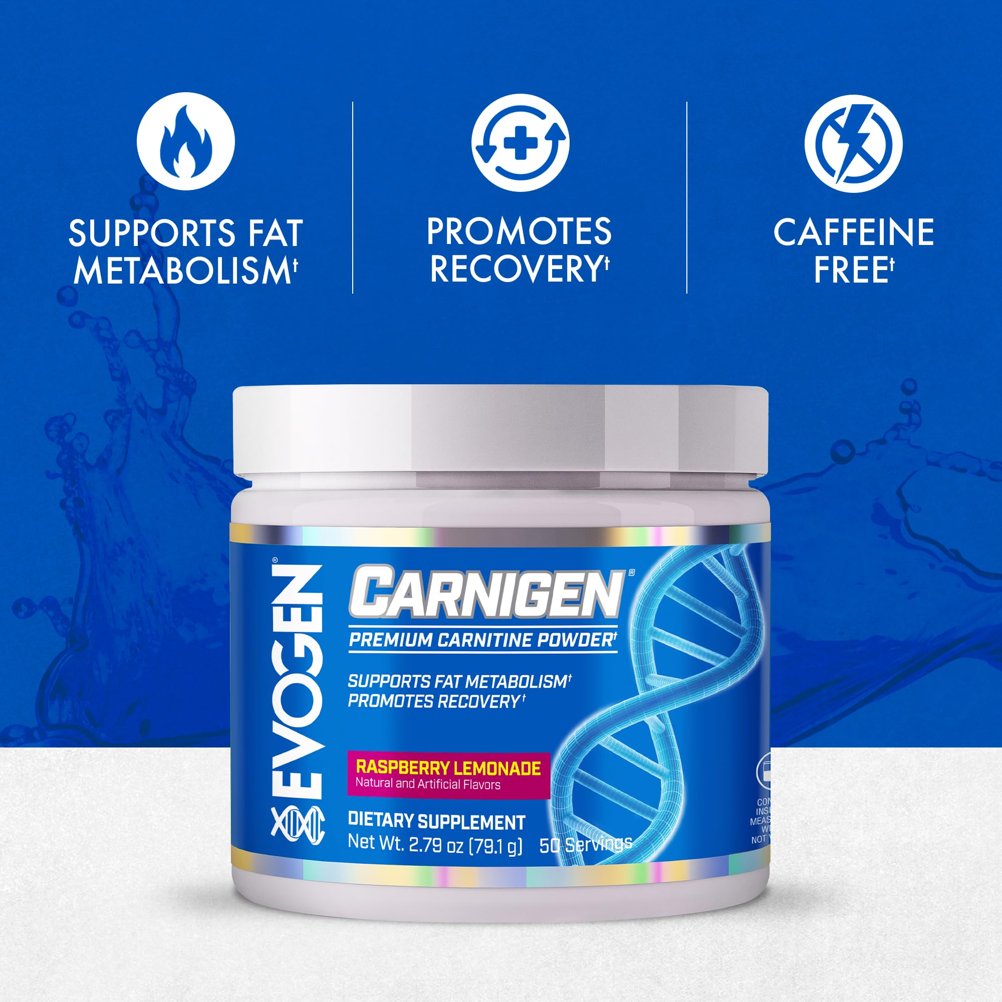 Evogen Carnigen scoop pouring into water for easy mixing and fat metabolism support