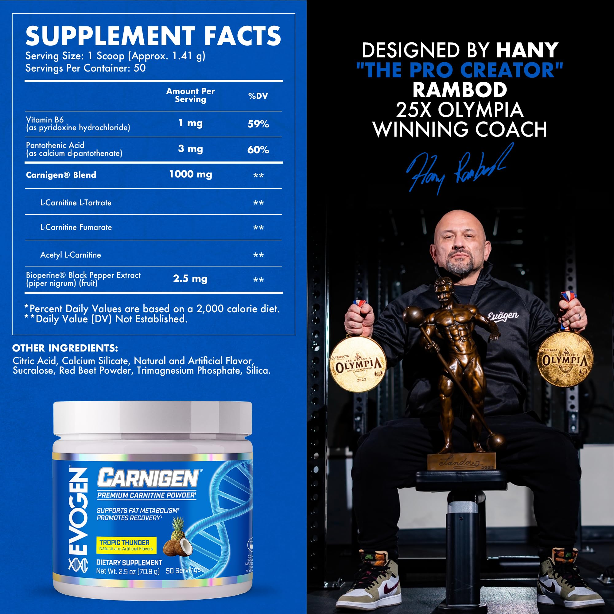 Evogen Carnigen scoop in water shows easy, stimulant-free fat metabolism support.