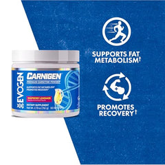 Evogen Carnigen tub label closeup highlighting Acetyl L-Carnitine Absorption