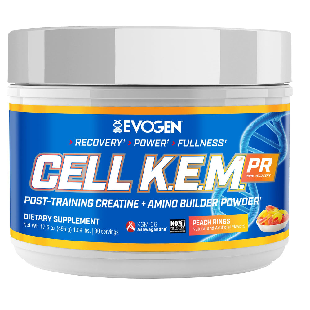 Evogen Cell K.E.M. PR V2 Peach Rings tub for post-workout recovery.