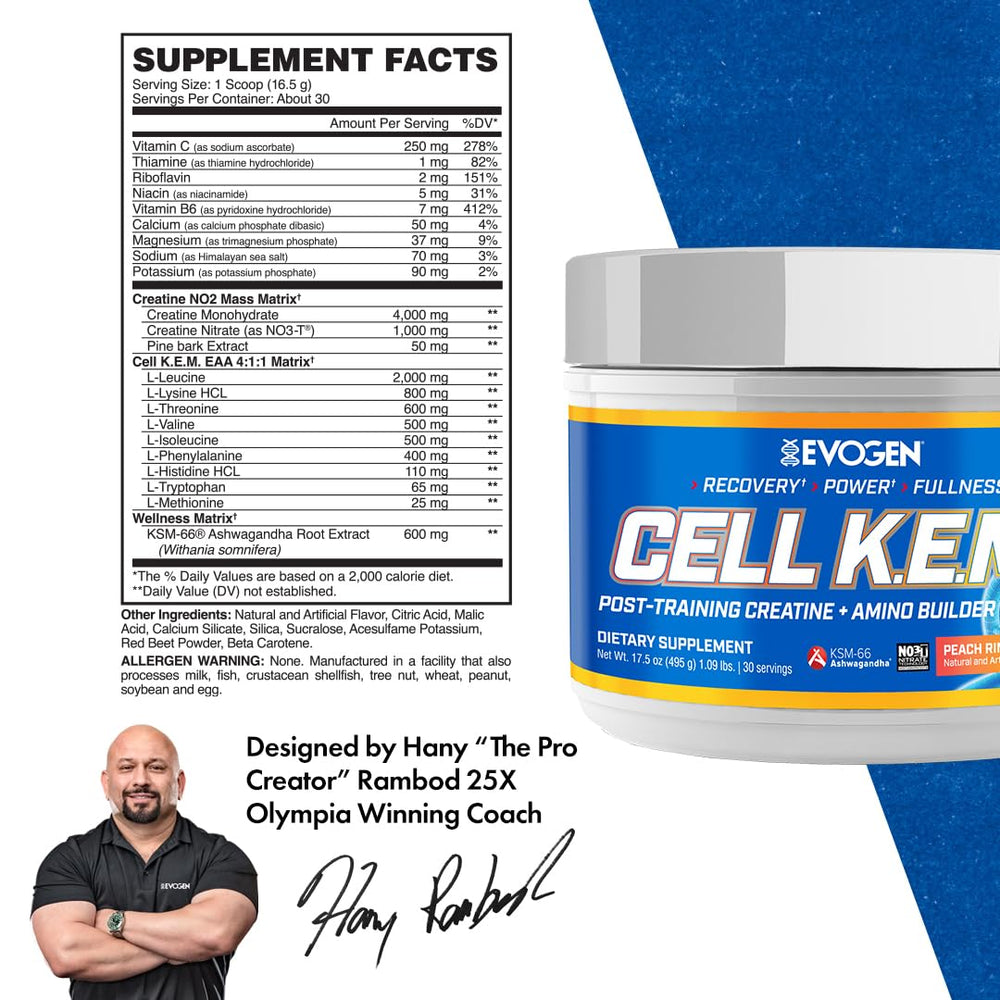 Evogen Cell K.E.M. PR V2 Peach Rings serving aids fullness and recovery.