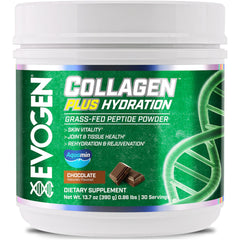 Evogen Collagen Plus Hydration chocolate canister shows grass-fed collagen for skin and joints.