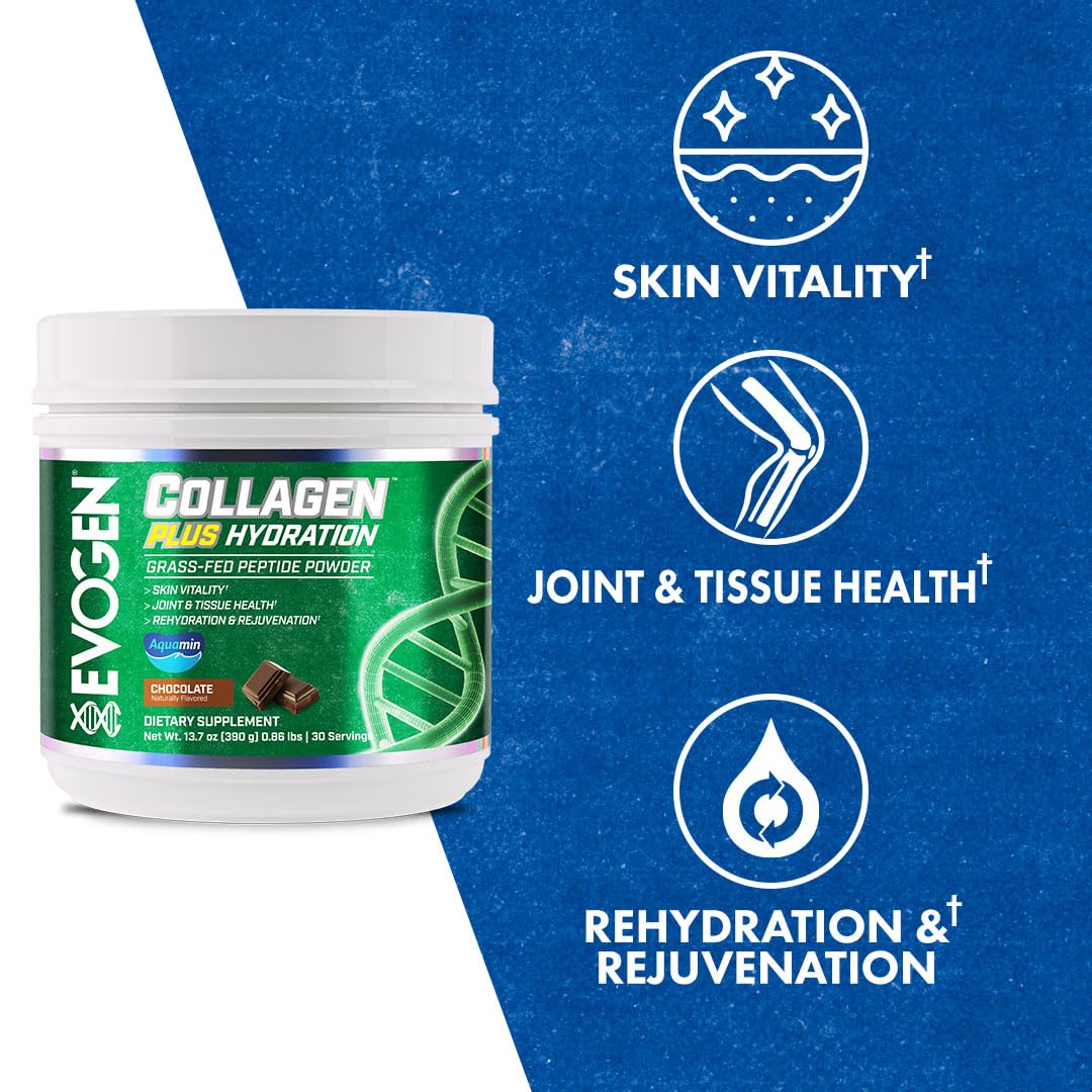 Close-up of the Evogen label on Collagen Plus Hydration packaging.