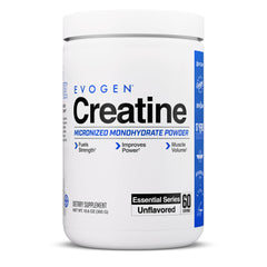 Evogen Creatine Monohydrate powder bottle displaying unflavored formula for clean strength support.
