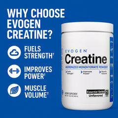 Evogen Creatine Monohydrate powder scoop for quick, lump-free mixing.