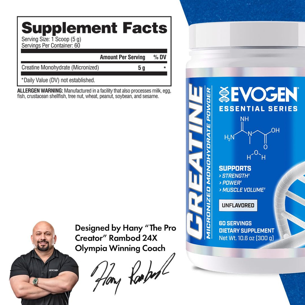 Retail shelf display of Evogen Creatine Monohydrate—unflavored option for training.