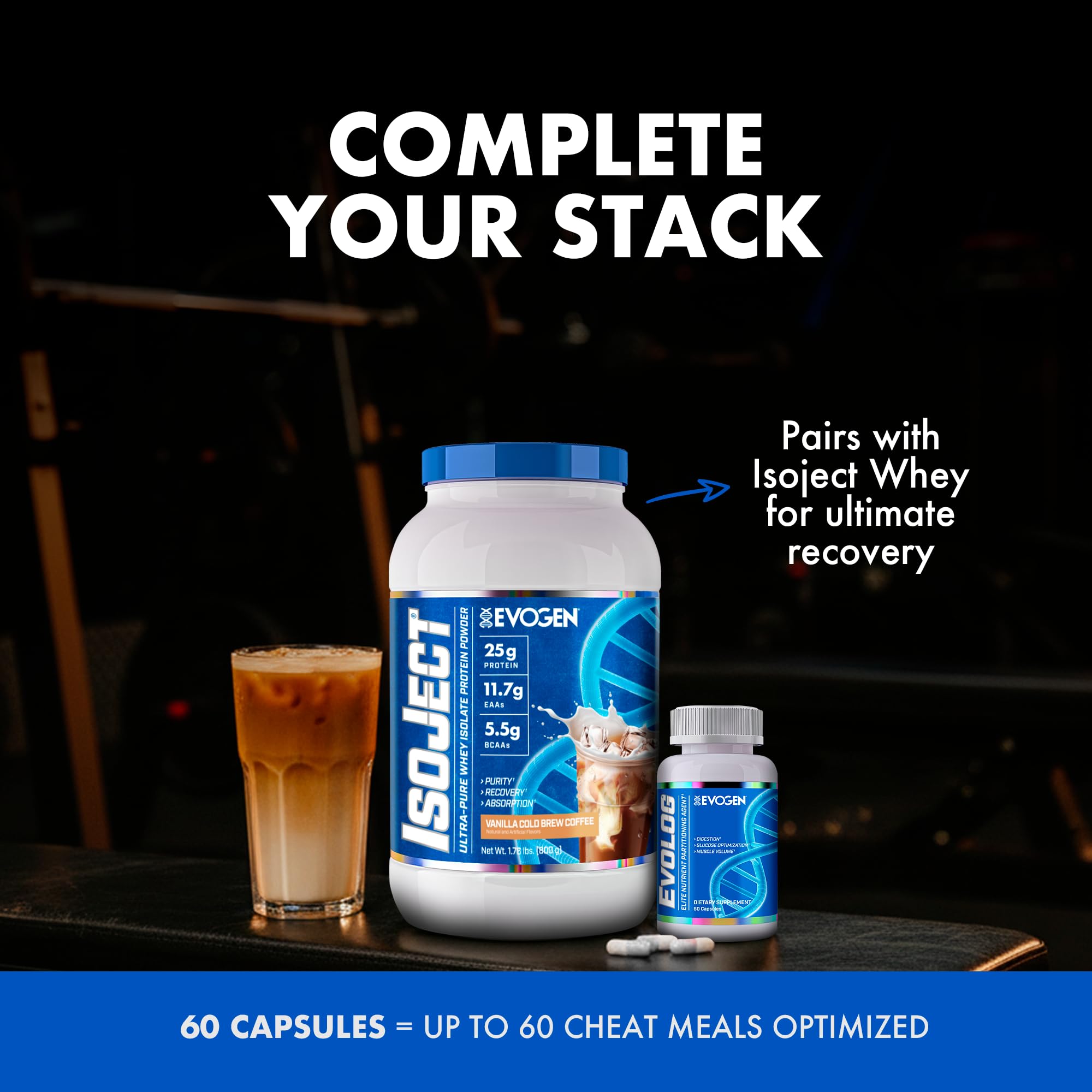 Evogen Evolog close-up on label mentioning weight gain and muscle fullness.