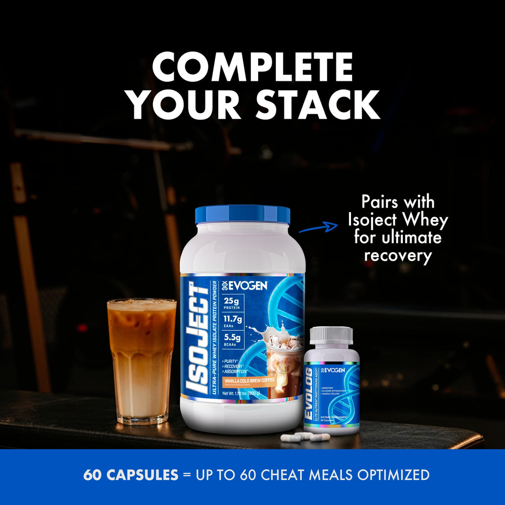 Evogen Evolog close-up on label mentioning weight gain and muscle fullness.