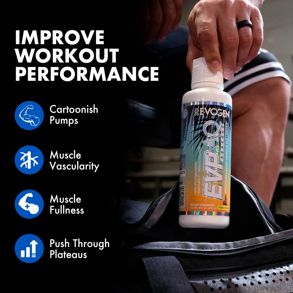 Evogen EVP AQ bottle pouring highlights hydration delivery during training.