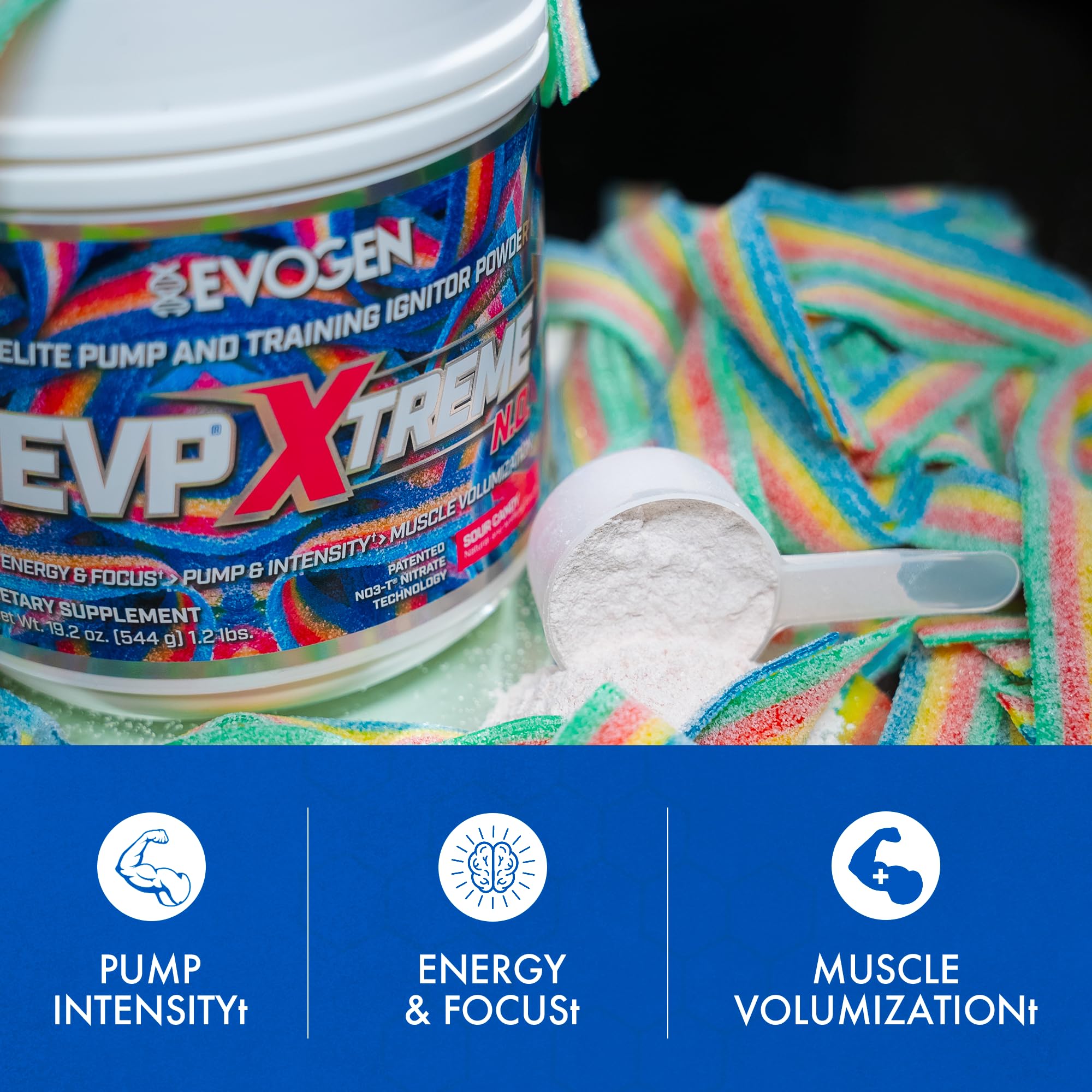 Evogen EVP Xtreme NO Sour Candy packaging designed for flavor and intensity