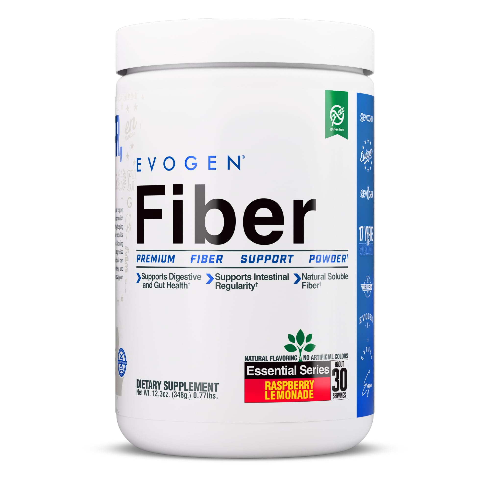 Evogen Fiber raspberry lemonade tub front label for digestive comfort