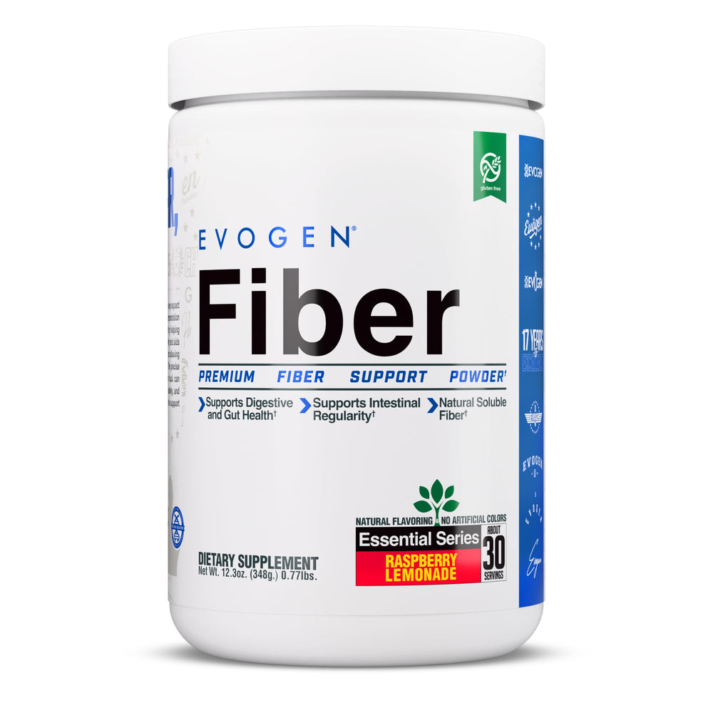 Evogen Fiber raspberry lemonade tub front label for digestive comfort