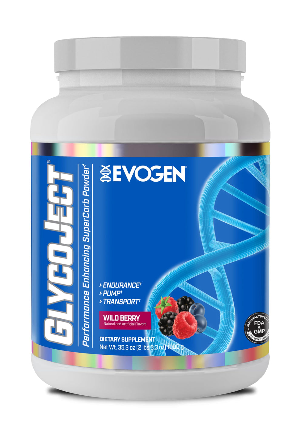 Evogen GlycoJect bottle with wild berry flavor for fast pre-workout energy.