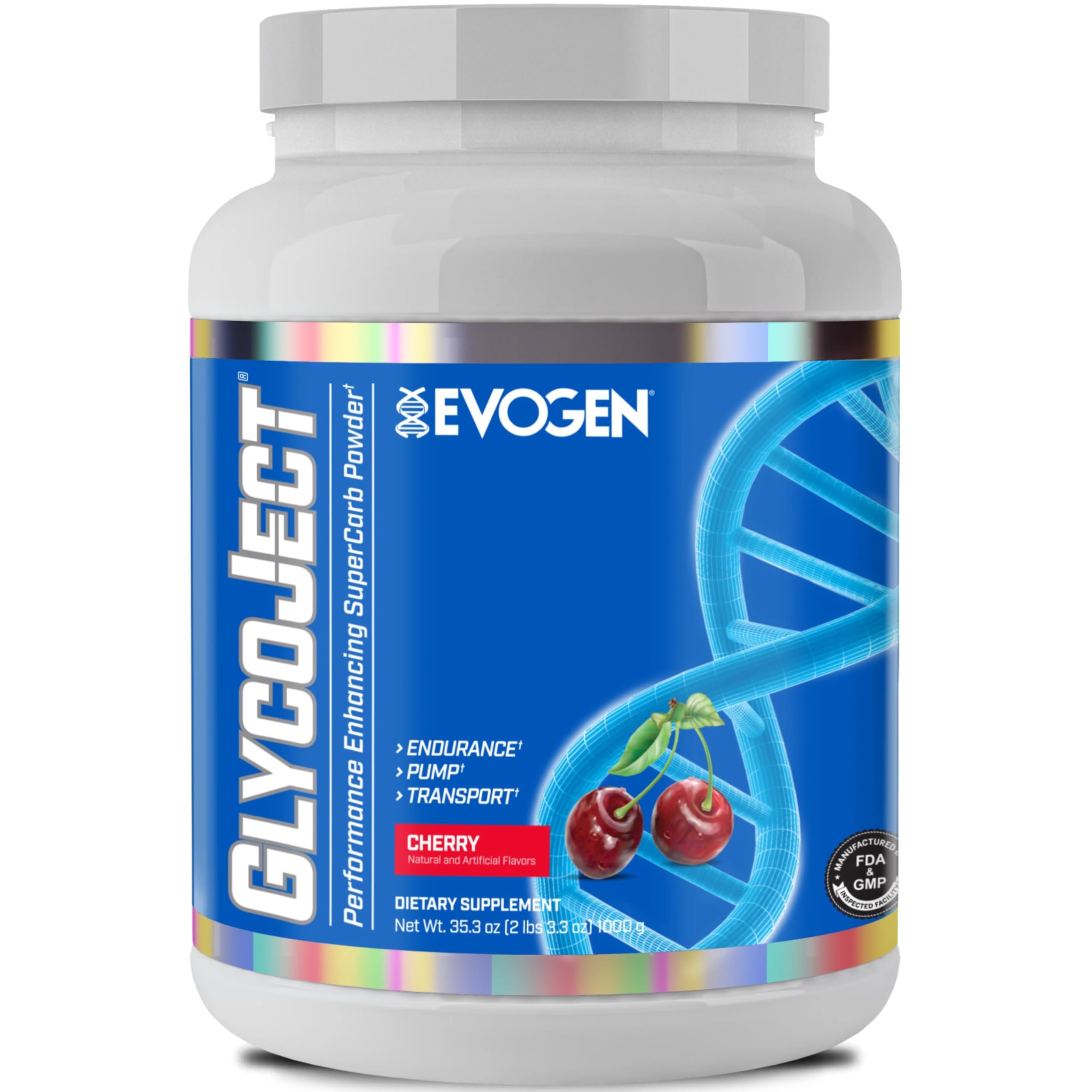 Evogen GlycoJect jar with cherry formula for quick energy and endurance support.