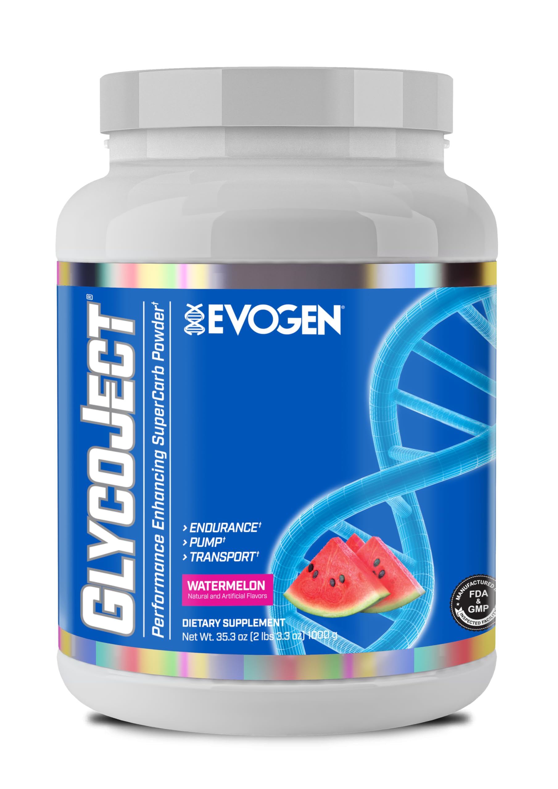 Evogen GlycoJect watermelon powder tub for fast energy and glycogen support.