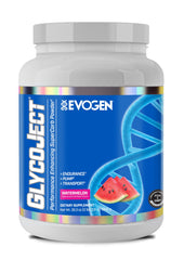 Evogen GlycoJect watermelon powder tub for fast energy and glycogen support.