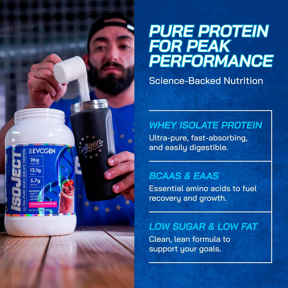 Evogen Isoject scoop emphasizing BCAAs and EAAs for recovery.