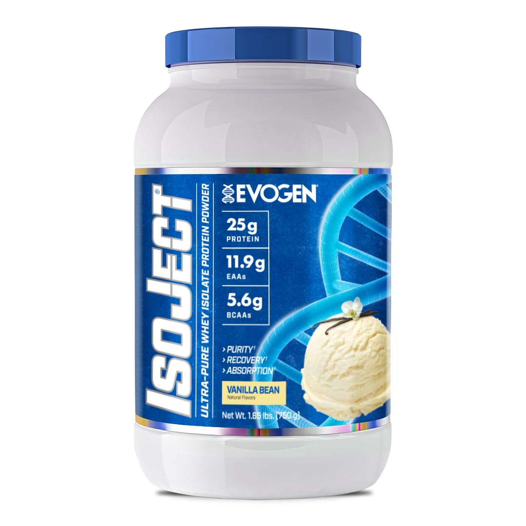 Evogen Isoject bottle front showcases premium whey isolate packaging for clean protein delivery.