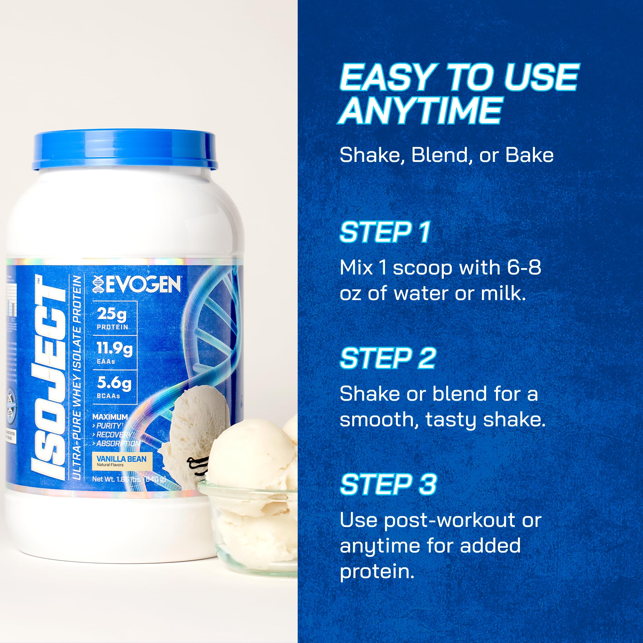 Shaker with vanilla foam beside the Isoject tub suggests convenient daily use.