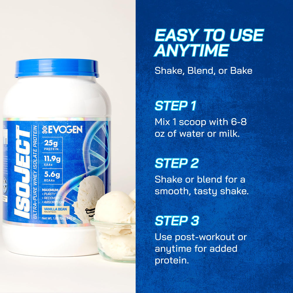Shaker with vanilla foam beside the Isoject tub suggests convenient daily use.