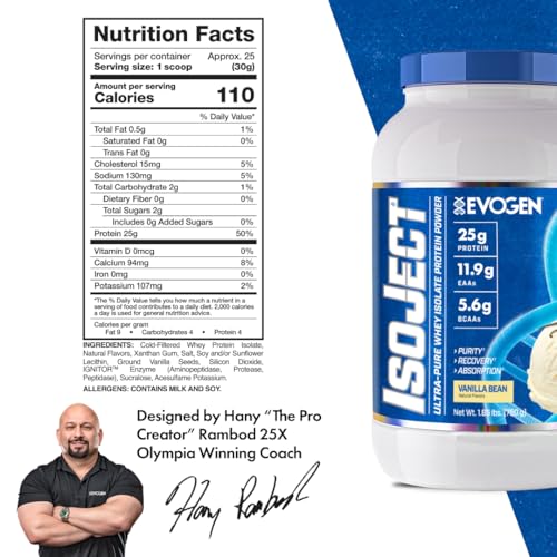 Evogen Isoject vanilla bean flavor shown with a scoop for post-workout protein.