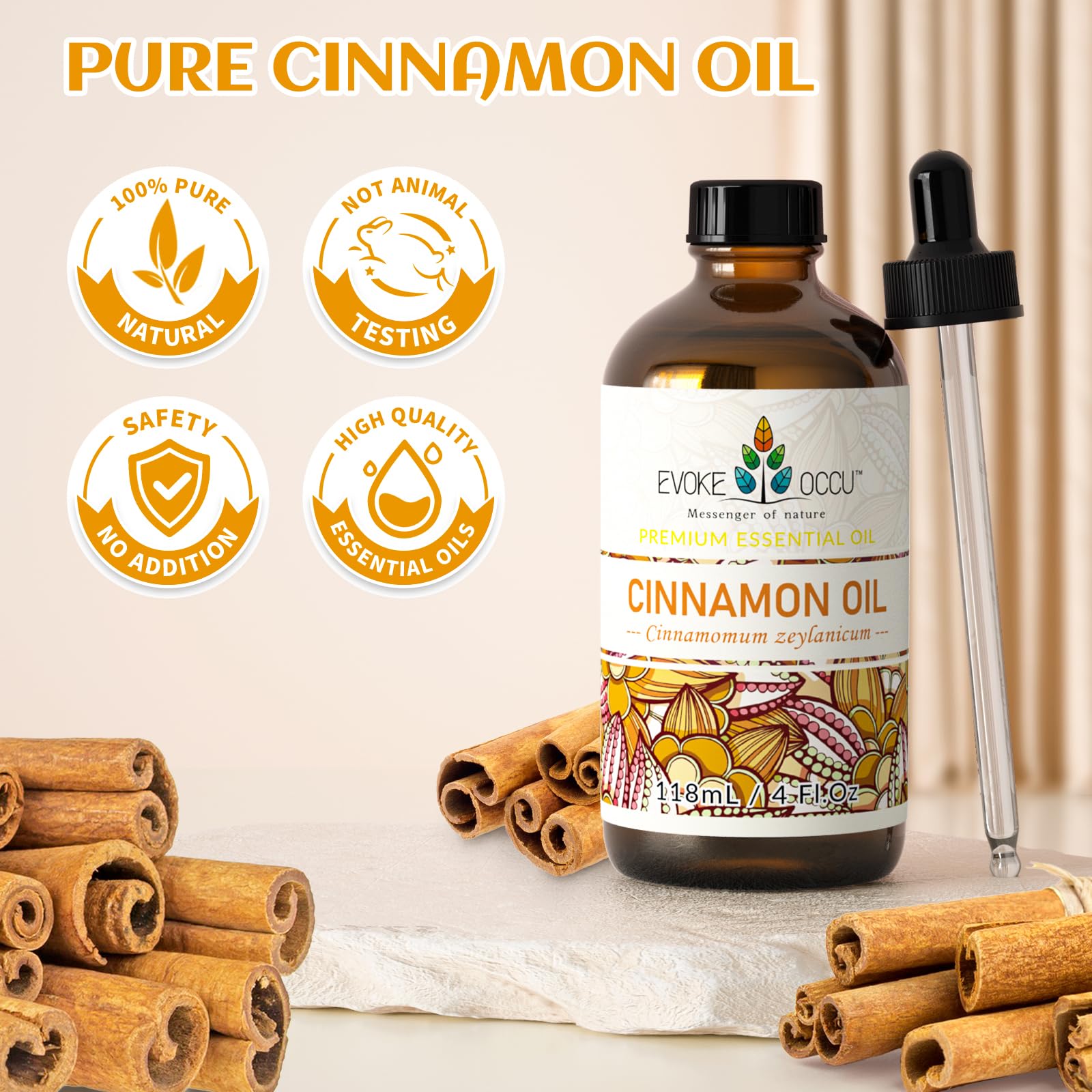 EVOKE OCCU cinnamon oil bottle with dropper for controlled measuring and blending