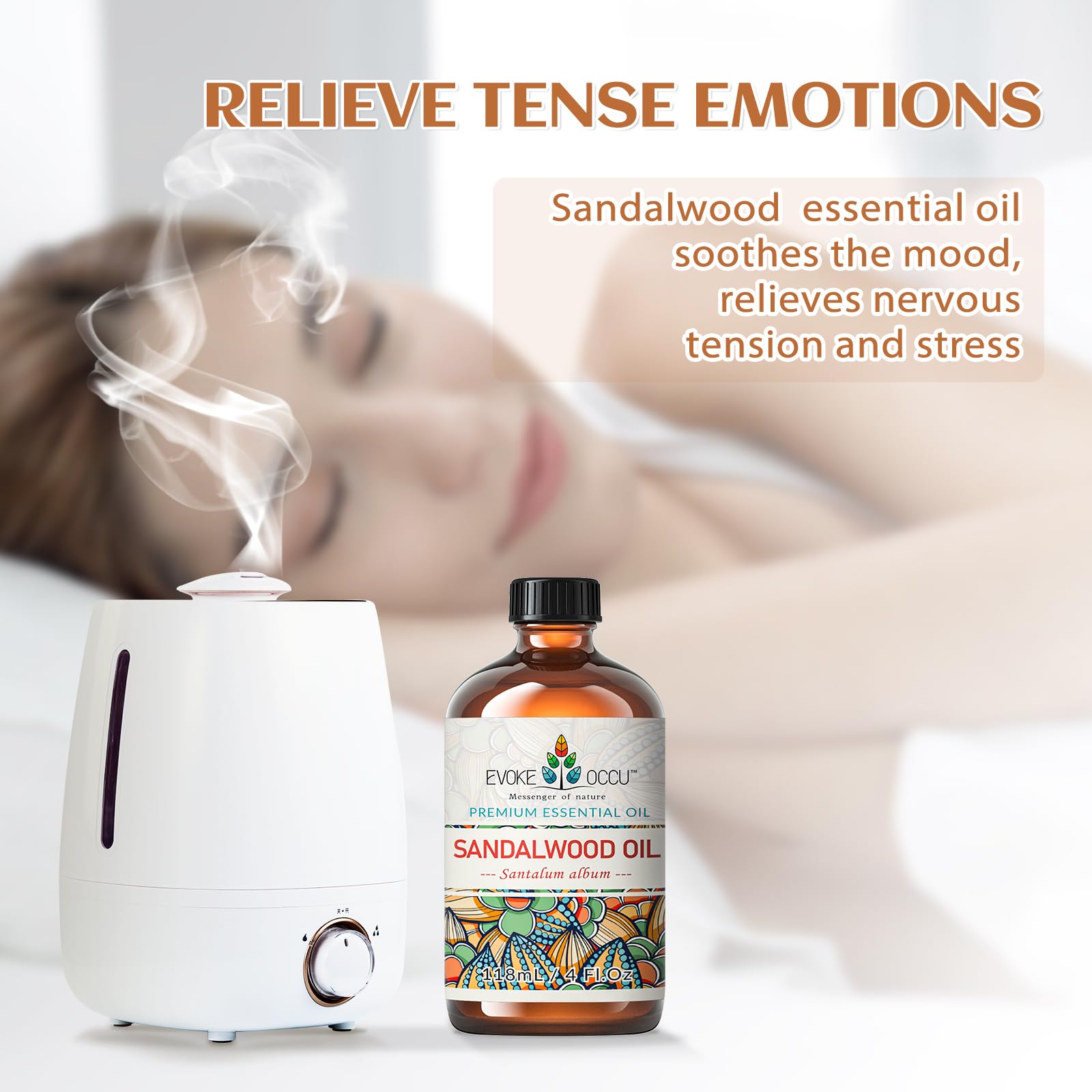 EVOKE OCCU sandalwood diffuser setup highlighting calming aromatherapy.