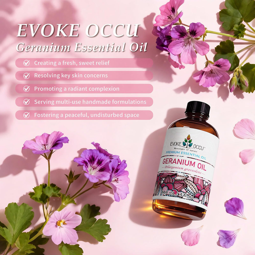EVOKE OCCU geranium oil enhances hair care when added to shampoo.