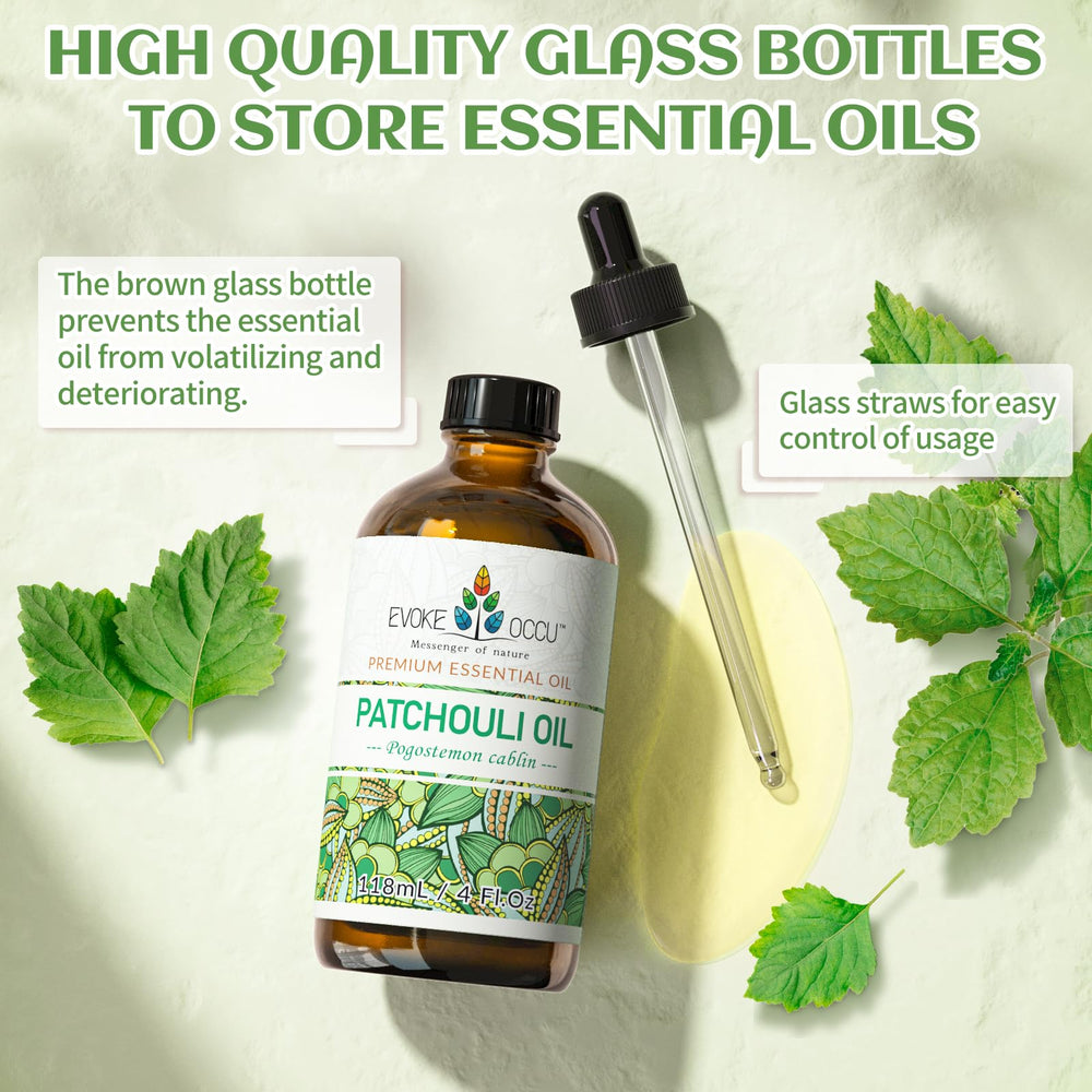 EVOKE OCCU Patchouli oil packaging in amber glass bottle protects scent