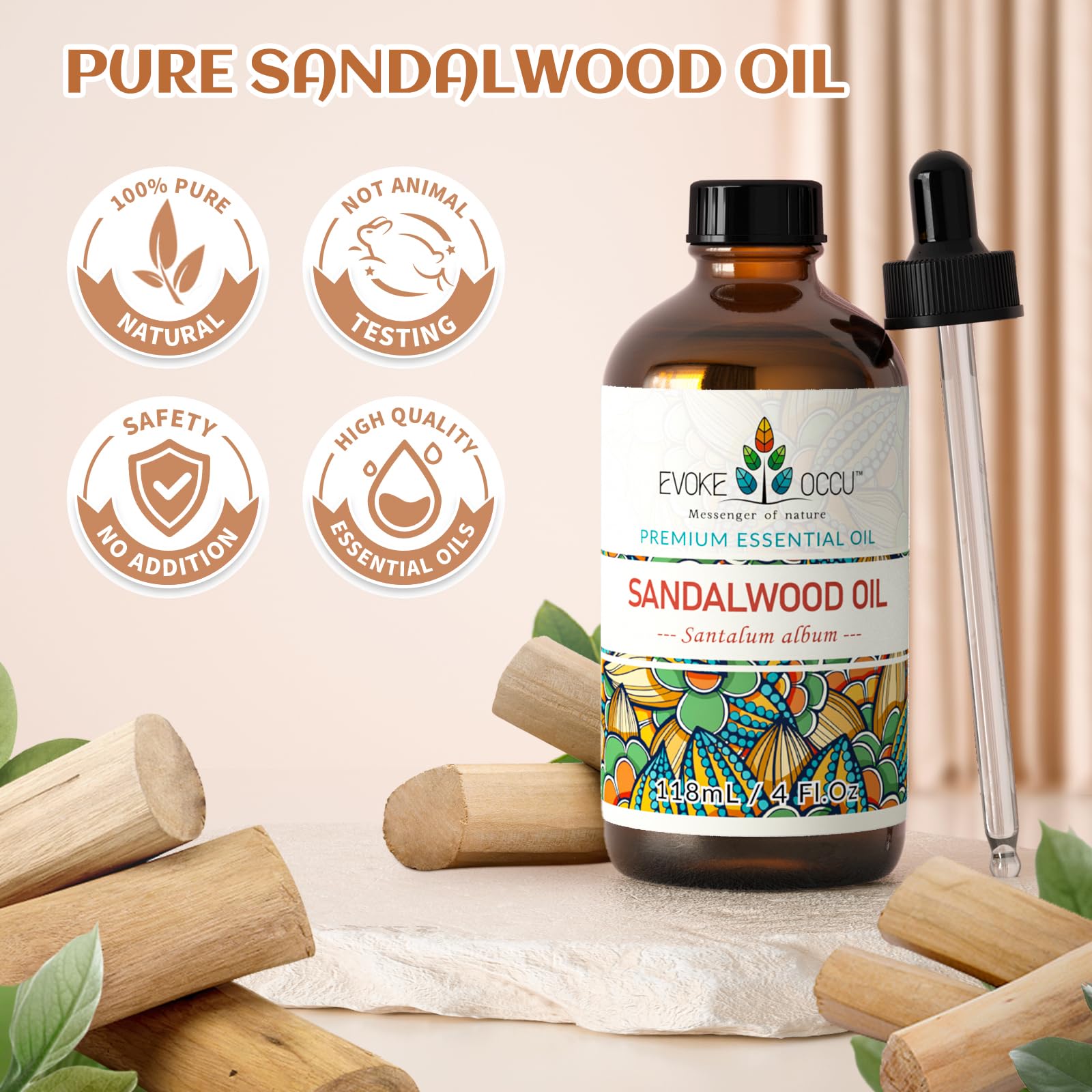 EVOKE OCCU sandalwood oil used in skin care routines for moisturized skin.