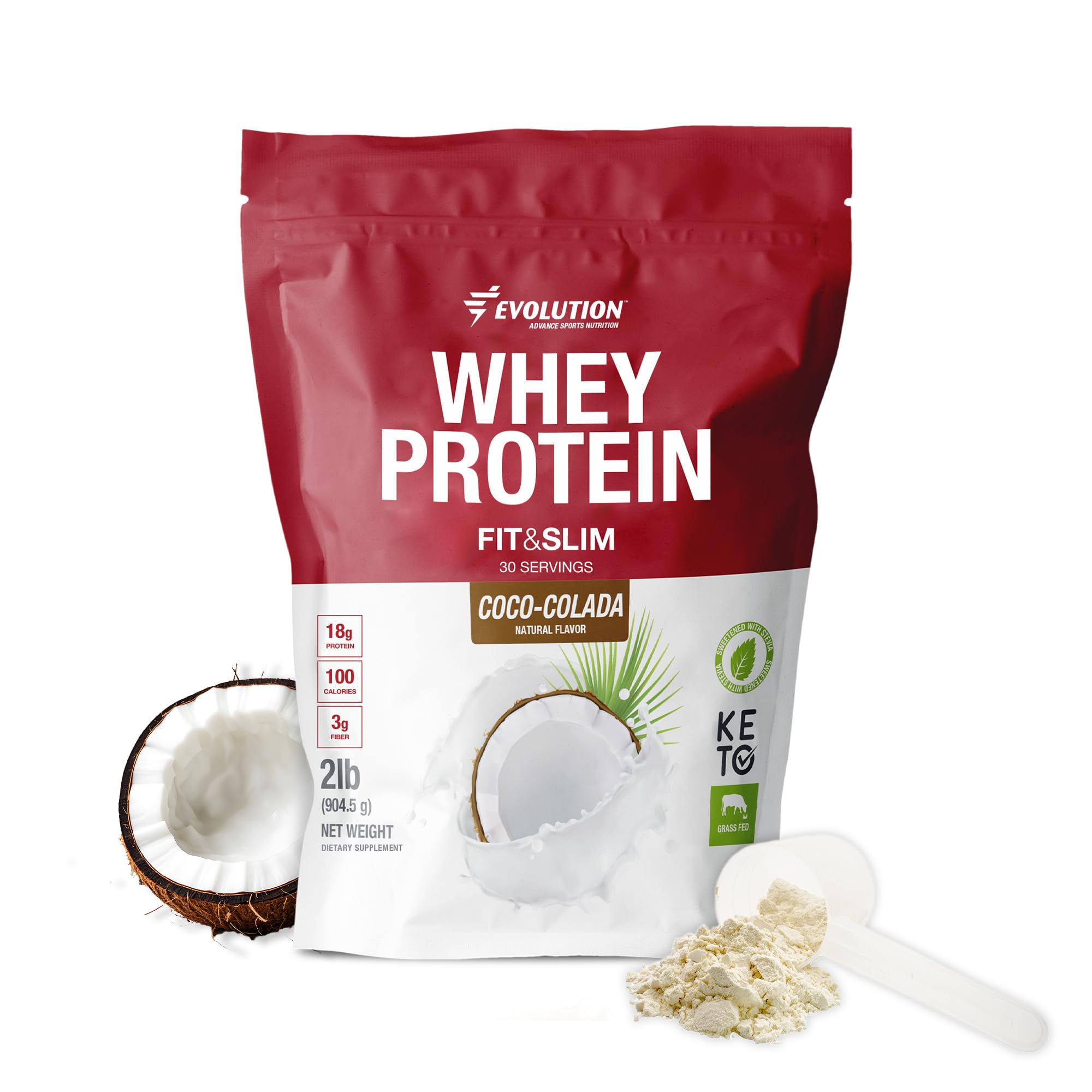 Evolution Advance Fit and Slim Blend canister shows grass-fed whey for clean protein.