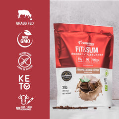 Close-up of Evolution Advance Fit Slim Blend label highlighting grass-fed, keto-friendly formula