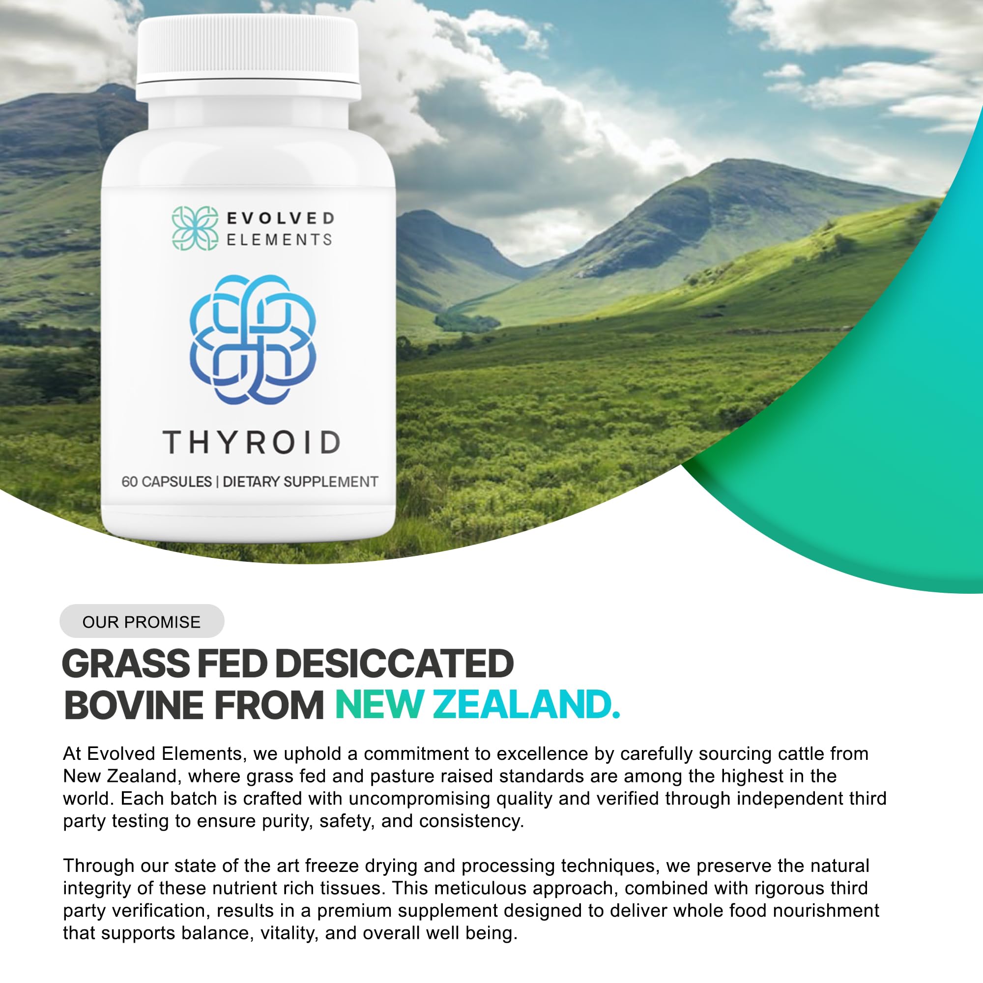 Evolved Elements Thyroid NZ origin label highlights grass-fed, non-GMO sourcing.