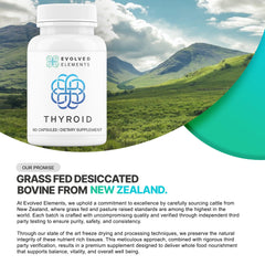 Evolved Elements Thyroid NZ origin label highlights grass-fed, non-GMO sourcing.