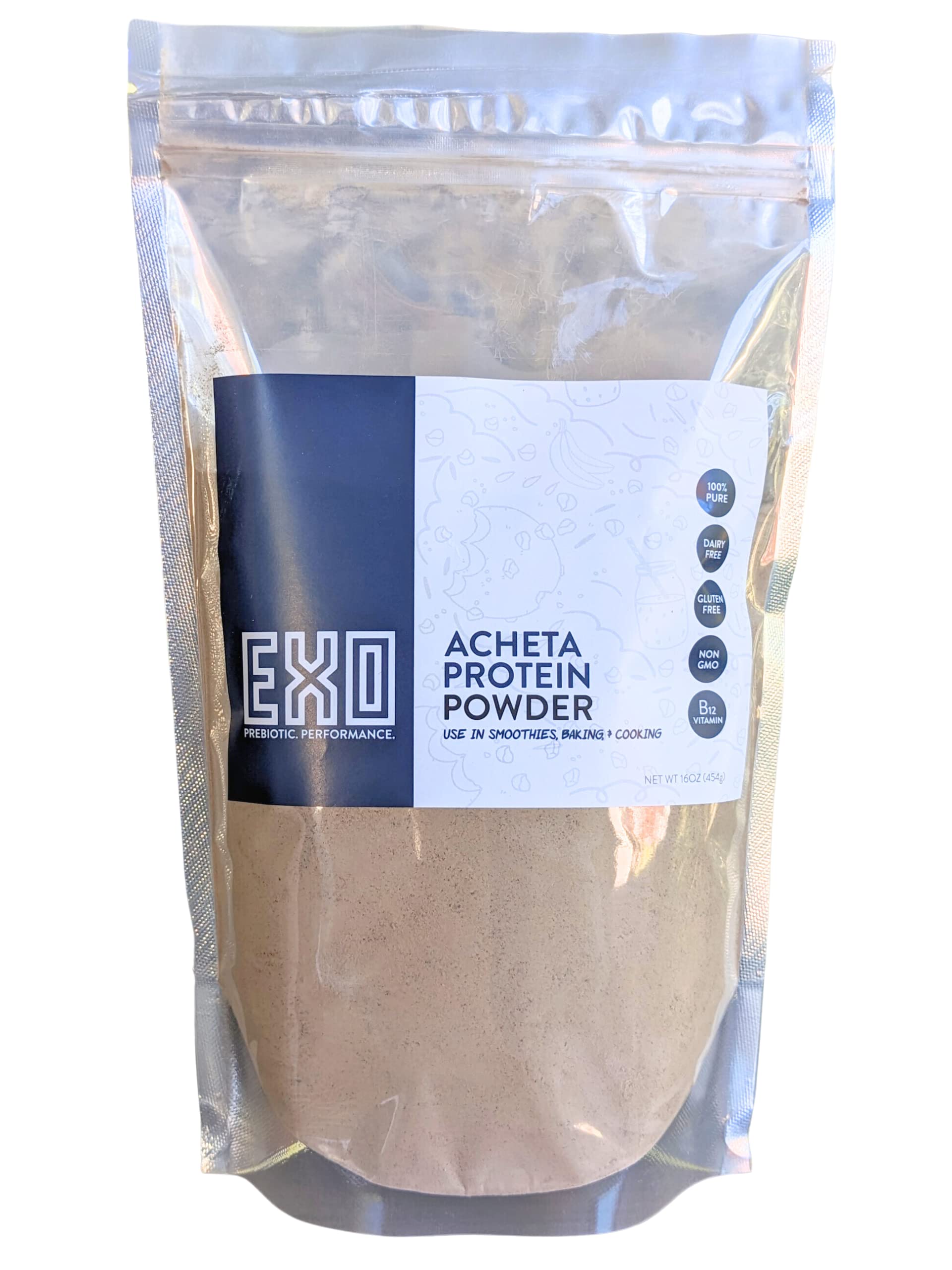 EXO Pure Acheta cricket protein powder packaging, a dairy-free protein option.