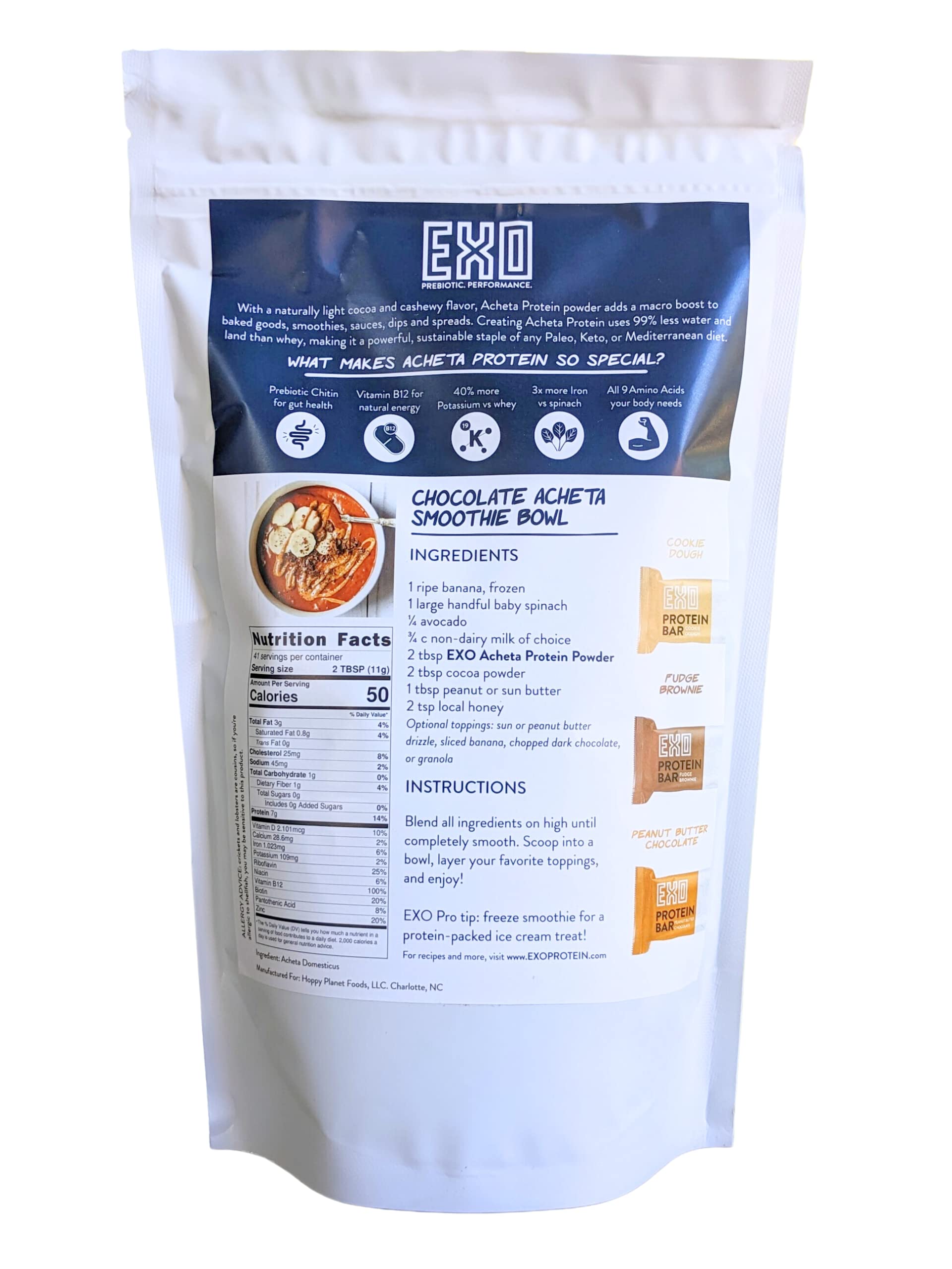 EXO Pure Acheta cricket protein powder being poured into a smoothie for a protein boost.