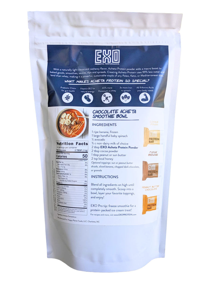 EXO Pure Acheta cricket protein powder being poured into a smoothie for a protein boost.