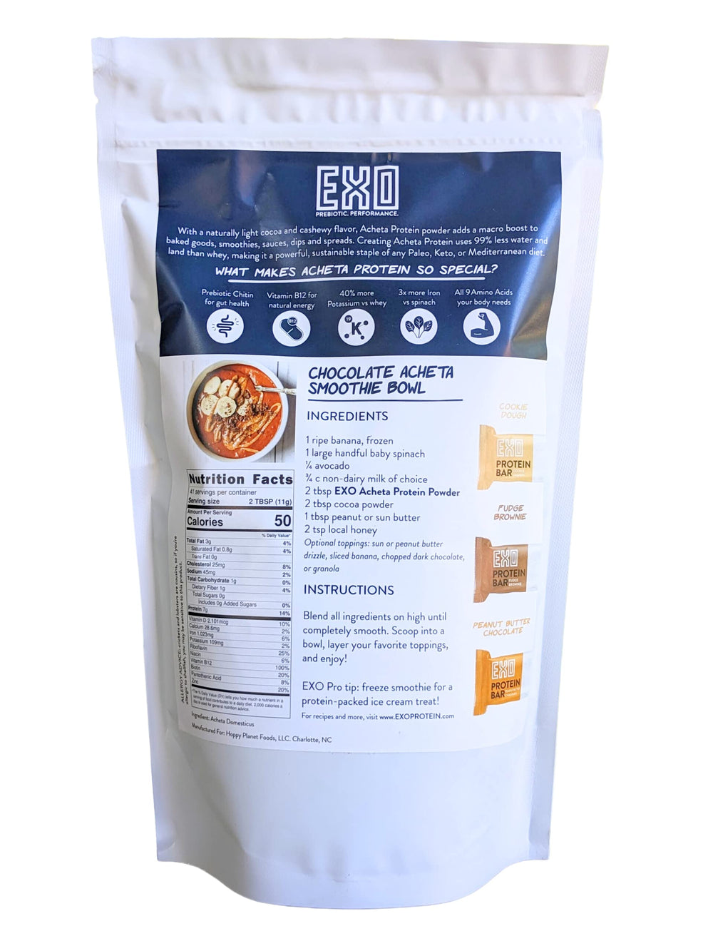 EXO Pure Acheta cricket protein powder being poured into a smoothie for a protein boost.