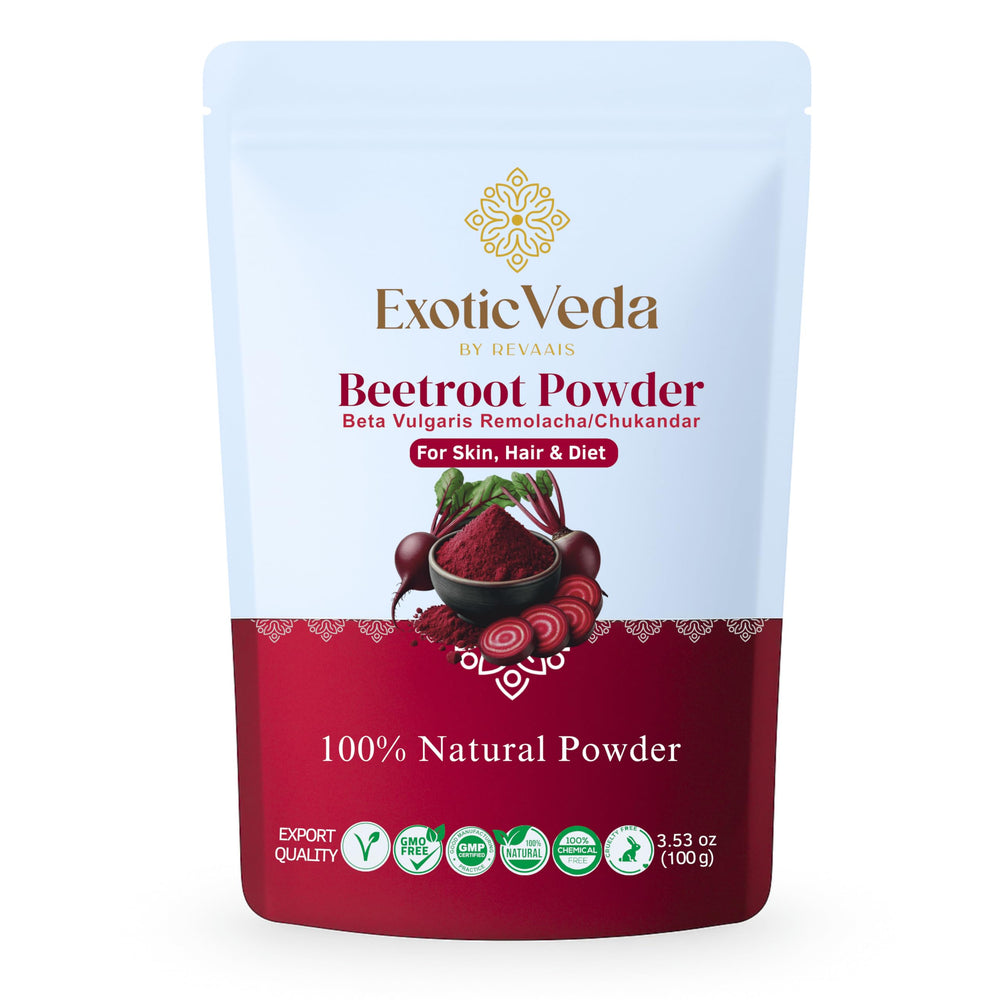 Exotic Veda Beetroot Powder bottle close-up showing vibrant color for smoothies.